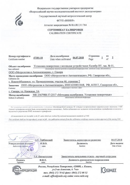 Сертификат калибровки 47301-18