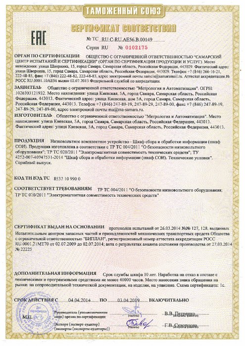 Сертификат соответствия № ТС RU C-RU.AЕ56.B.00149 Серия RU № 0102175